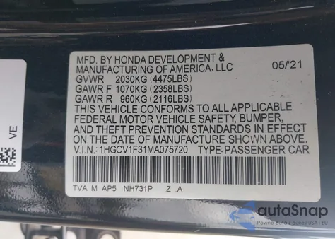 2021 Honda Accord Sport из США, поврежденный, VIN 1HGCV1F31MA075720